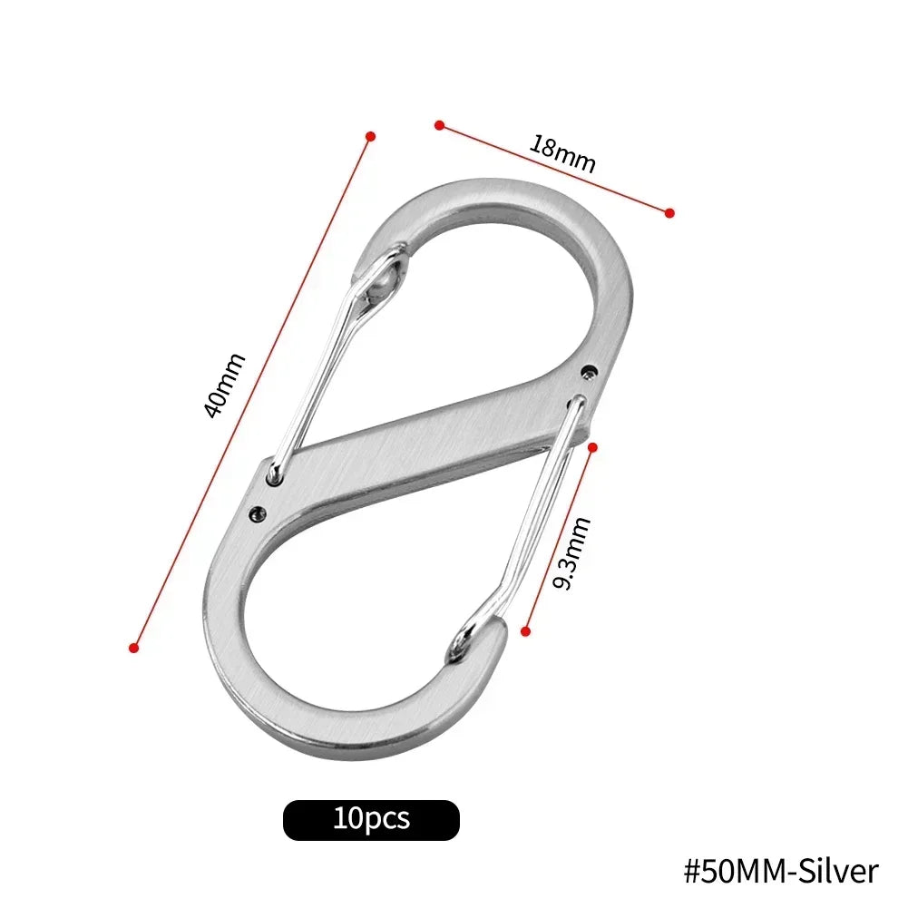 10Pcs S Type Mini Keychain Hook Stainless Steel Carabiner With Lock Anti-Theft Outdoor Camping Backpack Buckle Key-Lock Tool