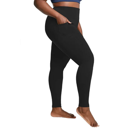 Pantalones deportivos de cintura alta de talla grande con bolsillos laterales dobles, cómodos para yoga y entrenamiento. 