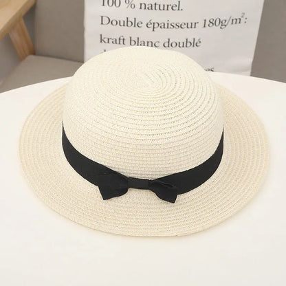 COKPanama Simple Summer Beach Sun Protection Bowknot French-style Small Hat Women's Casual Flat-Brimmed Straw Hat with Bow，Women