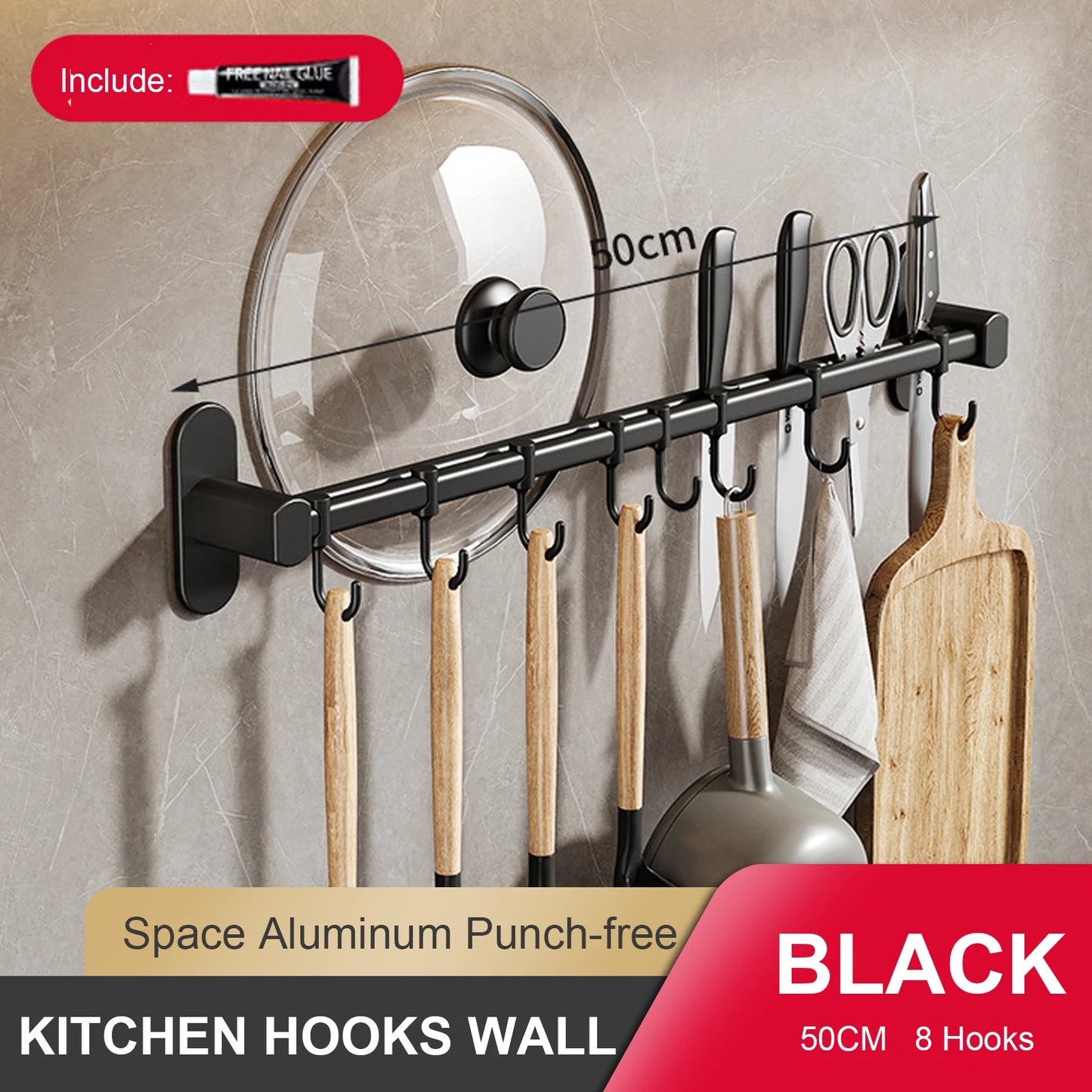 Wall Mounted Kitchen Hook Rack No-Punching Wall Hangers Rail Kitchen Utensils Rack Spoon Shovel Chopping Board Storage Rack