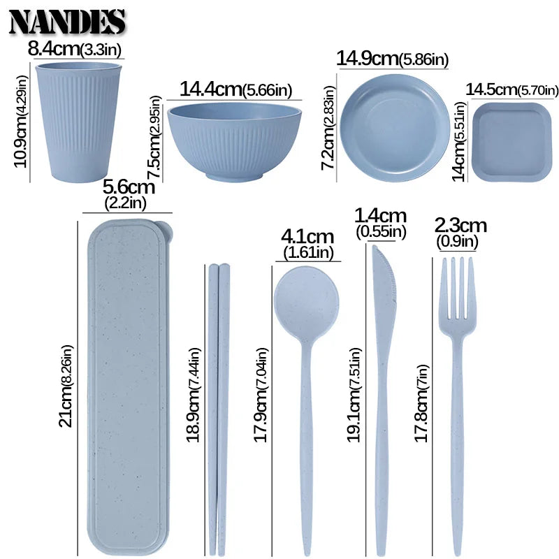 36pcs Plate Sets Wheat Straw Eco-Friendly Ramen Bowl Tableware Dinner Dishes Set Camping Tableware Set With Knife Fork Spoon