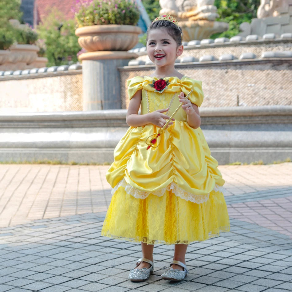 Kids Belle Cosplay Party Princess Dress Beauty Beast Princess Clothes Halloween Event Festival Party Flowers Print Costume