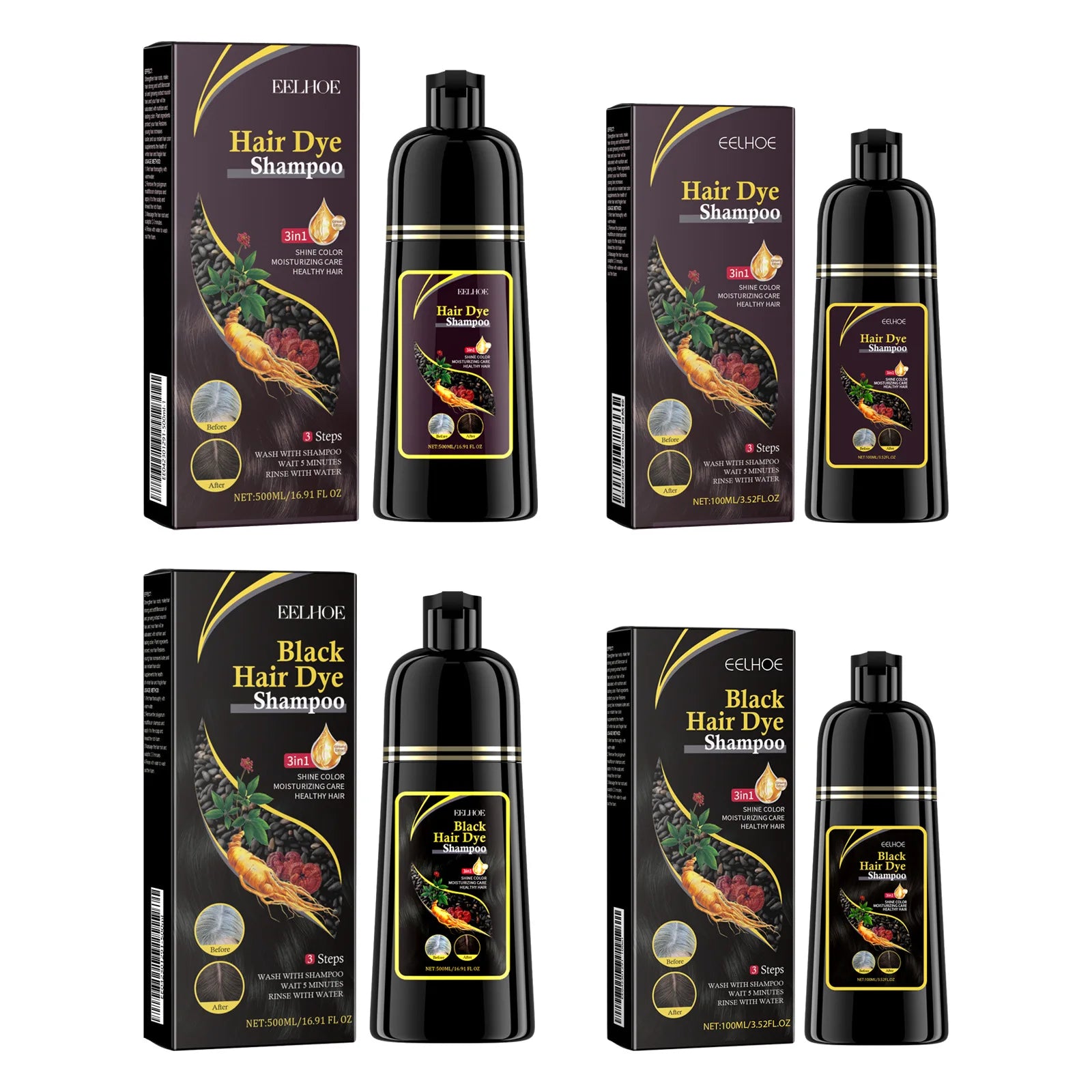 Shampoo EELHOE 3 em 1 para Tingir Cabelos de Preto: Crescimento, Limpeza, Escurecimento e Nutrição Profunda – Fórmula Natural, Orgânica e à Base de Ervas