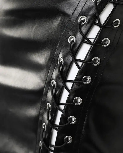 Women's Sexy Leather Skirt 2024 Summer New High Waist Pu Leather Mesh Lace Up Short Skirt Tight Wrap Hip Half Mini Short Skirt