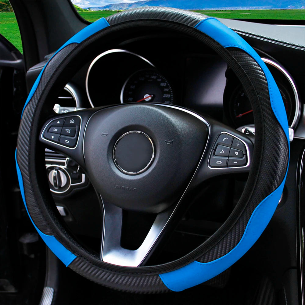 PU Carbon Fiber Leather Car Steering Wheel Cover without Inner Ring Suitable for 14.5-15 Inches of Automotive Supplies