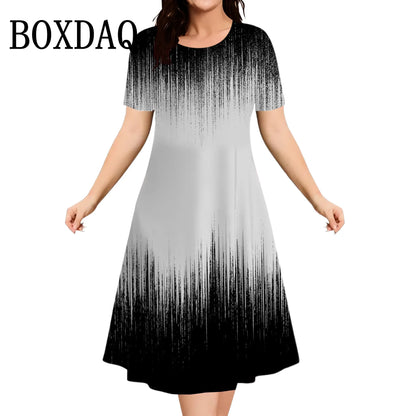 2025 Summer Women Dress Fashion Plus Size Short Sleeve Dress Black White Contrast Color Loose A-Line Dress Big Size 9XL Clothing