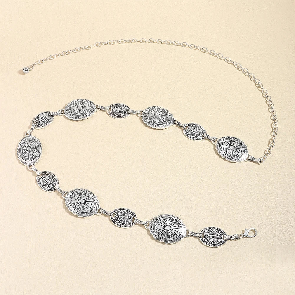 1/2pcs Retro Style WOMEN'S Metal Waist Chain Accessories Decorative Circle Carved Chain Belt High Style Accessories