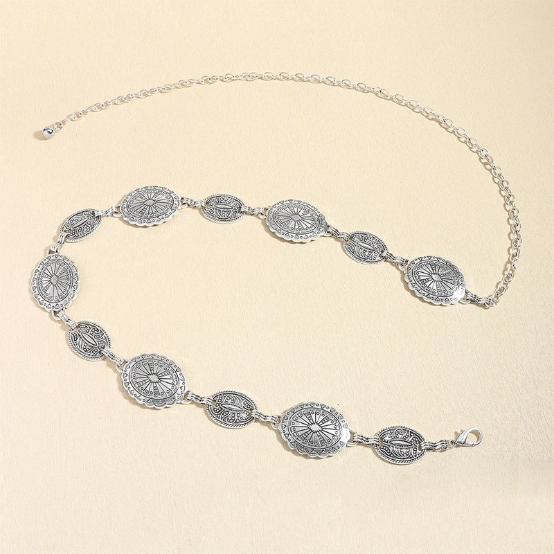 1/2pcs Retro Style WOMEN'S Metal Waist Chain Accessories Decorative Circle Carved Chain Belt High Style Accessories