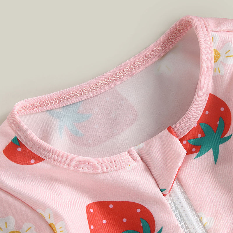 VISgogo Toddler Girl Rash Guard Swimsuit Set Summer Long Sleeve Strawberry Print Bathing Suit + Sun Hat Infant Newborn Swimwear