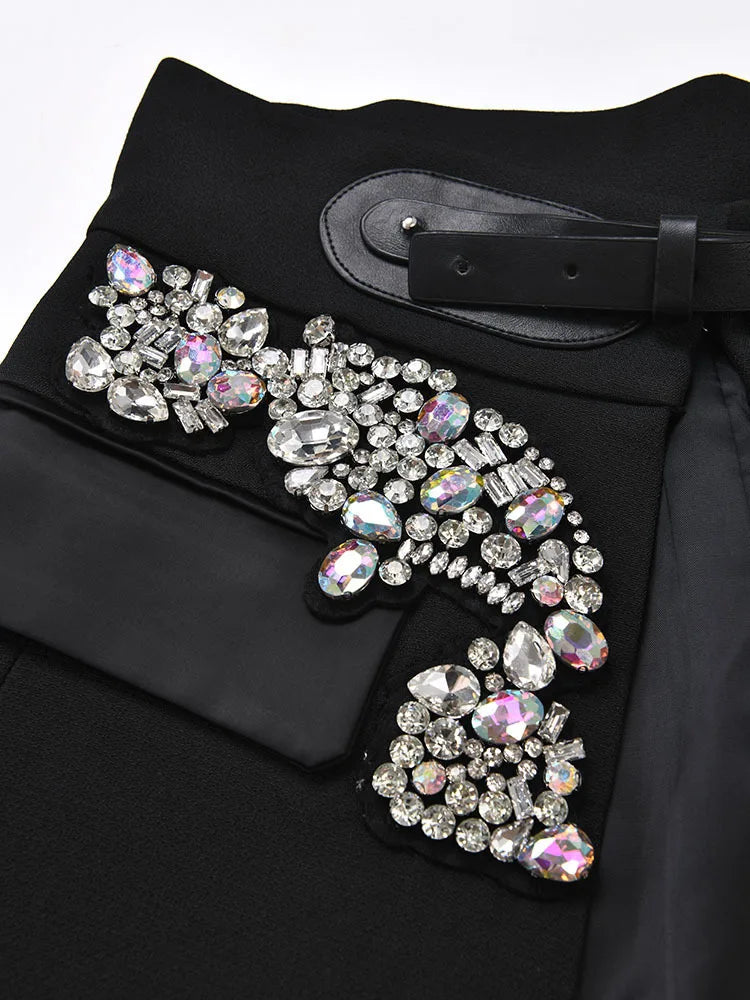 EAM - Minifalda negra con cinturón y pedrería irregular, cintura alta, para mujer, tendencia de moda, primavera otoño 2025, JY75801