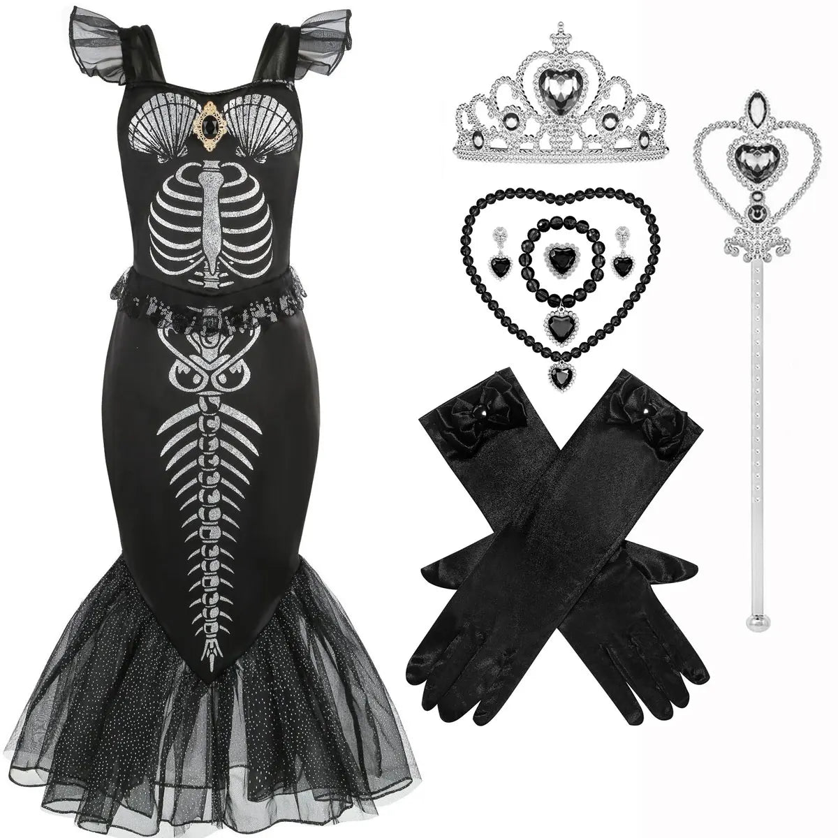 Halloween New Horror Skeleton Little Mermaid Costume Ariel Princess Black Skeleton Fishtail Dress Holiday Special Dress