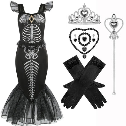 Halloween New Horror Skeleton Little Mermaid Costume Ariel Princess Black Skeleton Fishtail Dress Holiday Special Dress