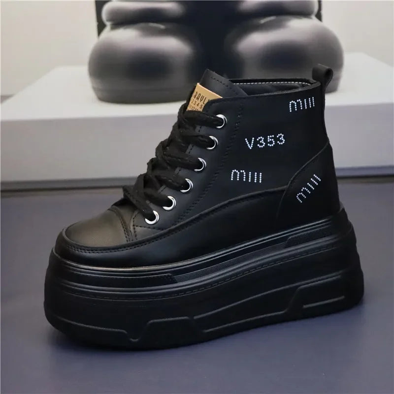 High Top Fashion Sneakers White Chunky Platform Wedge Shoes 12cm 14cm Height Increased Woman Sports Casual Shoe Tennis Female