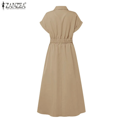 Women Summer OL Work Dress ZANZEA Elegant Short Sleeve Office Sundress Casual Solid A Line Buttons Holiday Vestidos Kaftan Robe