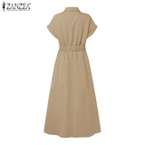 Women Summer OL Work Dress ZANZEA Elegant Short Sleeve Office Sundress Casual Solid A Line Buttons Holiday Vestidos Kaftan Robe