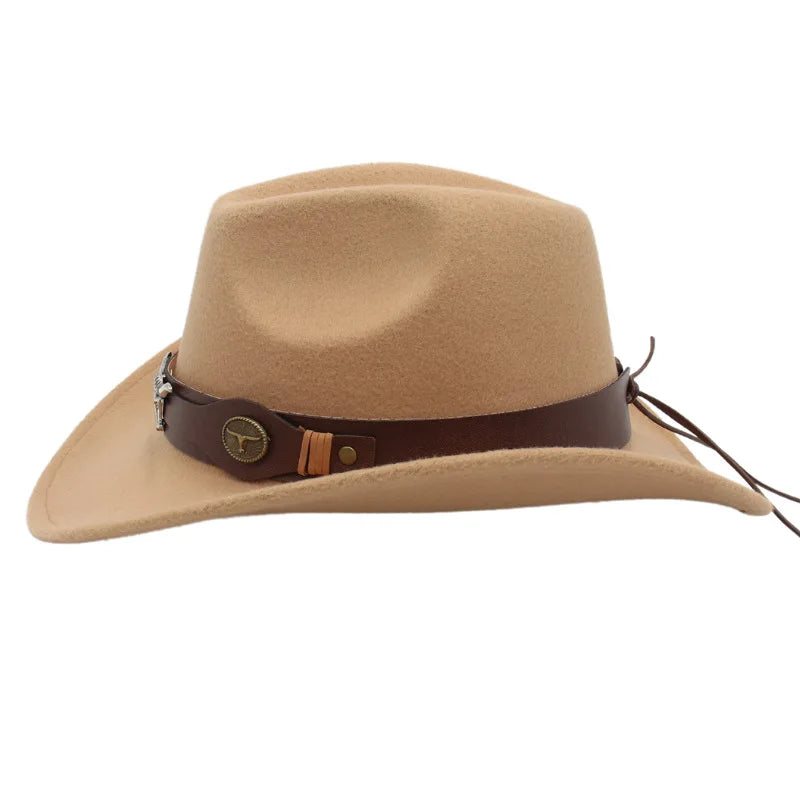 Classic Cattleman Cowboy Hat Retro Bull Head Studded Leather Band Felt Hat Unisex Western Party Cosplay Hat Wide Brim Fedora