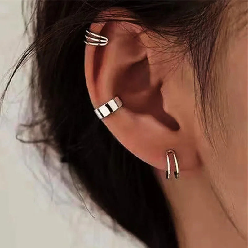 Silver Color Leaves Clip Earrings for Women Men Creative Simple C Ear Cuff Non-Piercing Ear Ear Clip Set Trend Jewelry Gift