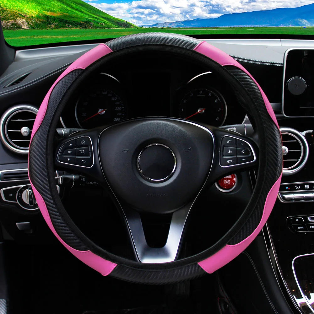 PU Carbon Fiber Leather Car Steering Wheel Cover without Inner Ring Suitable for 14.5-15 Inches Auto Supplies