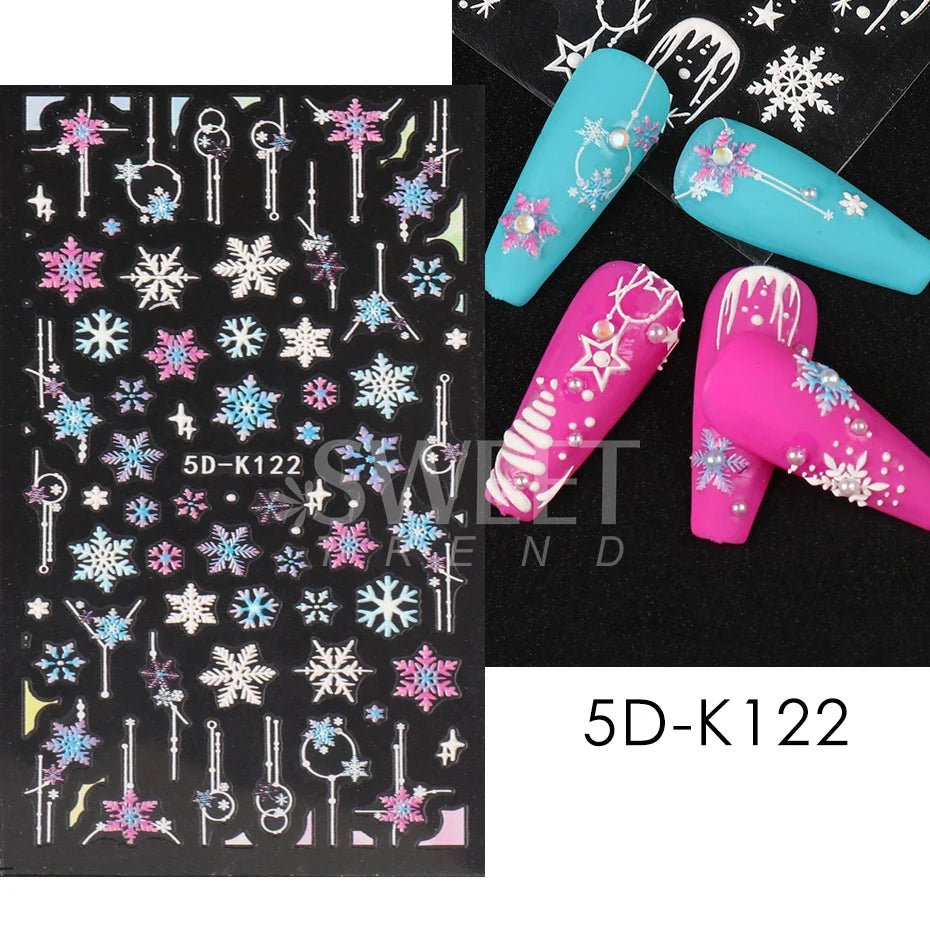 5D Red Christmas Nail Stickers Glitter Embossed Snowflake Gloves Feather Bulb Bells Winter Xmas DIY Engraved Manicure Decoration