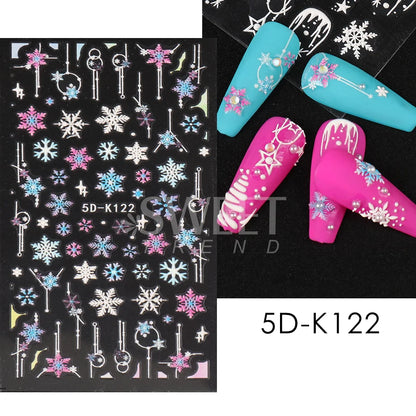 5D Red Christmas Nail Stickers Glitter Embossed Snowflake Gloves Feather Bulb Bells Winter Xmas DIY Engraved Manicure Decoration