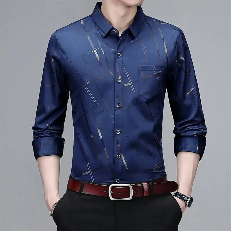 Camisa de manga larga estampada para hombre, informal y moderna, resistente a las arrugas y sin planchado.