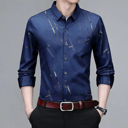 Camisa de manga larga estampada para hombre, informal y moderna, resistente a las arrugas y sin planchado.