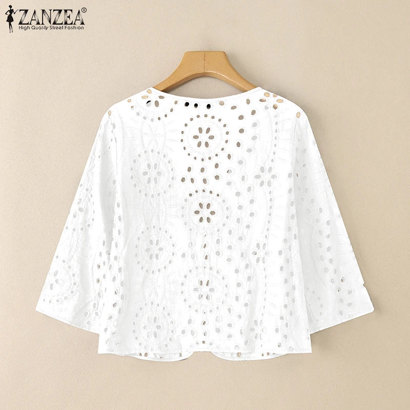 Stylish Autumn Hollow Out Cardigans ZANZEA Women Embroidered Blouse Elegant Shirts 2025 Fashion 3/4 Sleeve Kimonos Slim Fit Tops