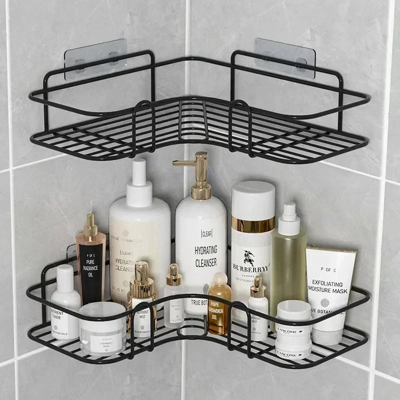 Estante organizador de baño de esquina, estantes de almacenamiento de esquina montados en la pared, soporte para champú, estante para cosméticos, cesta de drenaje de ducha de hierro