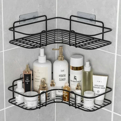Estante organizador de baño de esquina, estantes de almacenamiento de esquina montados en la pared, soporte para champú, estante para cosméticos, cesta de drenaje de ducha de hierro