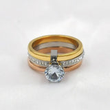 FYSARA Anillo de acero inoxidable de tres colores con diseño abombado, elegante anillo de compromiso con cristales de circón para niñas y mujeres, regalo al por mayor