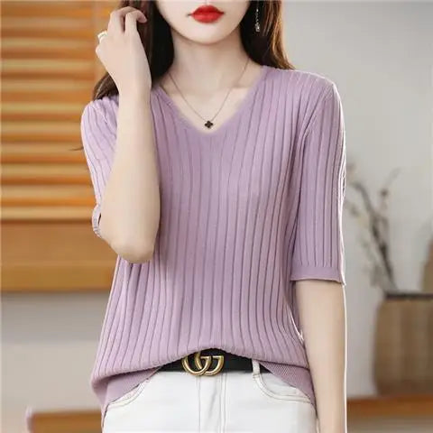 2023 New Spring Summer New Women's V-neck Short-Sleeved Exquisite Cashmere Knitted Sweater Pullover Solid Color
