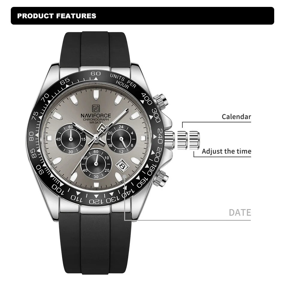 NAVIFORCE Reloj de lujo para hombre, deportivo, resistente al agua, de cuarzo, con correa de silicona, cronógrafo, luminoso, de pulsera, masculino