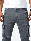 Street men's denim work pants washed solid color multi pocket casual mid waist pants slim fit daily wear jogging pants