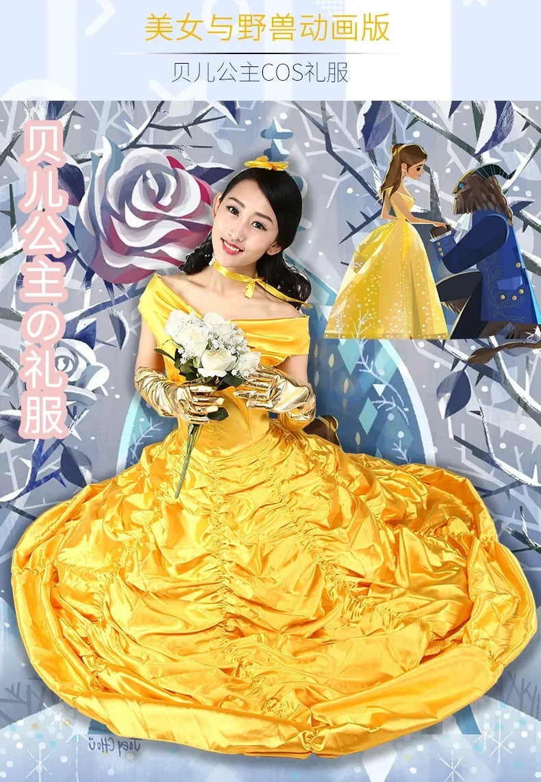 New adults cosplay christmas womens princess ball gown beauty and the beast belle costume for dress yellow gown fancy women