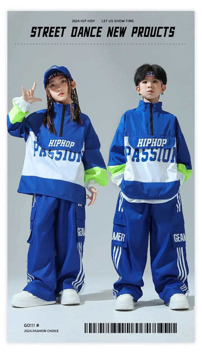 Boys Hip Hop Pullover Street Dance Cargo Pants Girls High Collar Sweatshirt Outfits Kids Jazz Sport Clothes Set Child Streetwear
