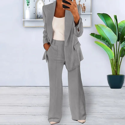 Elegante cárdigan de manga larga con solapa y pantalones de pierna ancha, conjunto de 2 piezas para mujer, moda Otoño Invierno, traje femenino con bolsillos y botones 