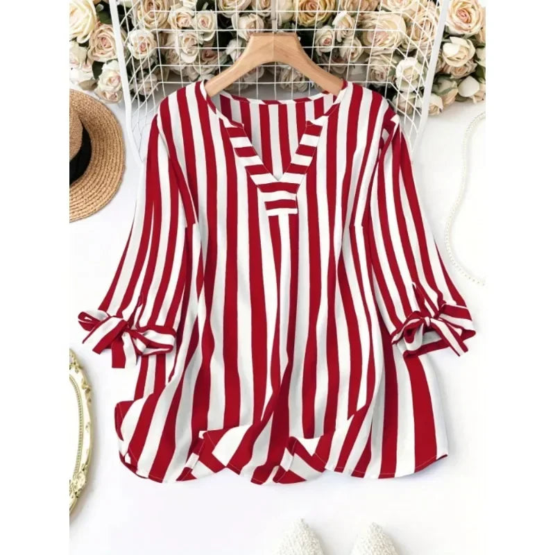 Plus Size Woman Fashion Spring Plaid T-shirt V-neck Jumper Light Breathable Tops European and American Style Beach Travel Clothe