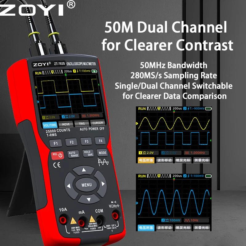 ZOYI ZT-703S Two-Channel Oscilloscope, Multifunction Signal Generator, 3-in-1 High-Precision Electrician Tool