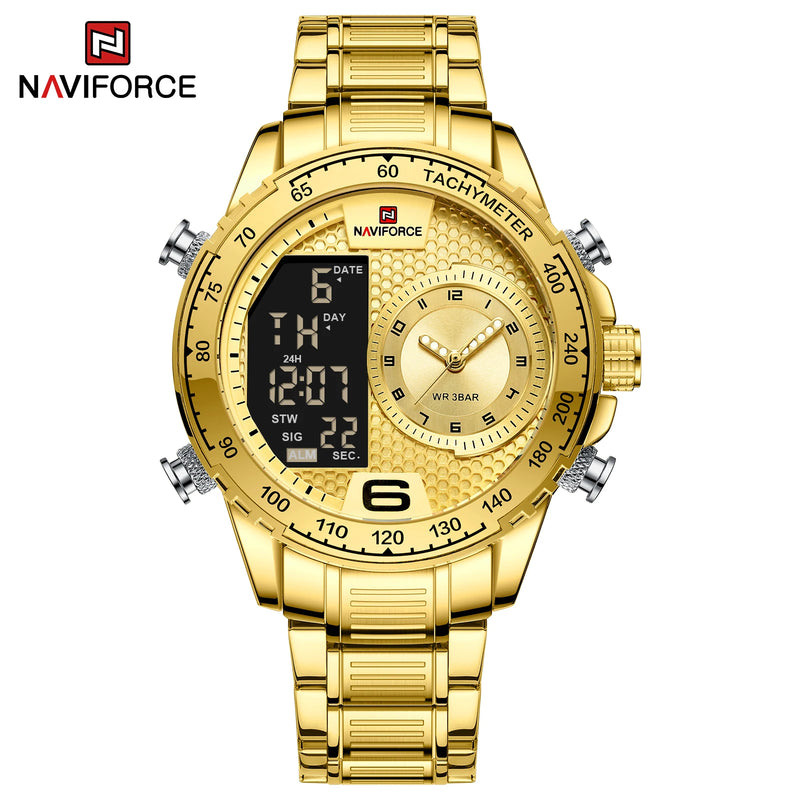 NAVIFORCE Luxury Quartz Watch for Men Honeycomb Dial Design Stainless Steel Wristwatch Dual Display Digital Watches Male Clock