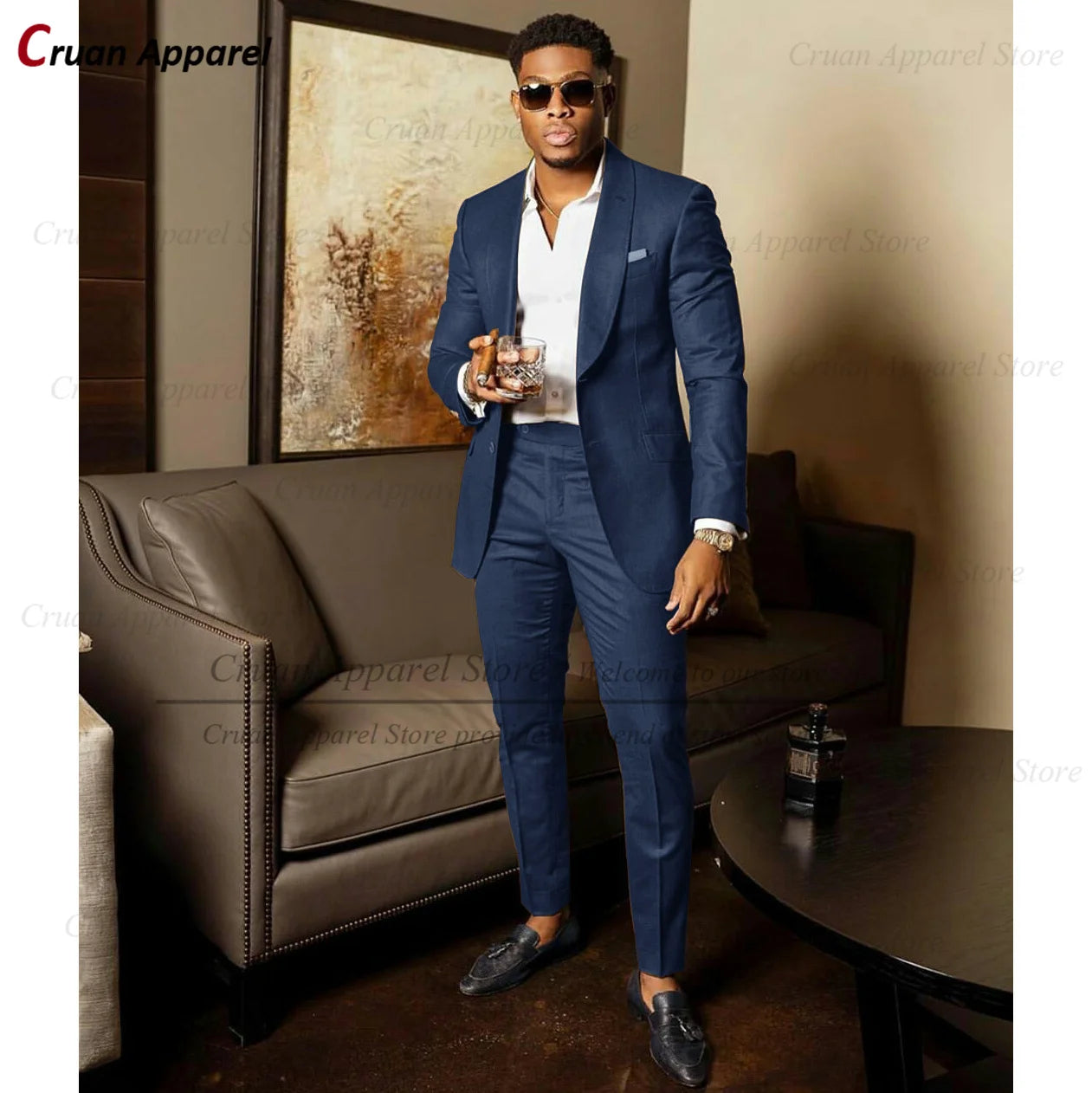 Blue Shawl Lapel Suit Male 2 Pieces Tailored Groom Wedding Suits Tuxedo Best Man Blazer Pants Trendy Fashion Marriage Costume