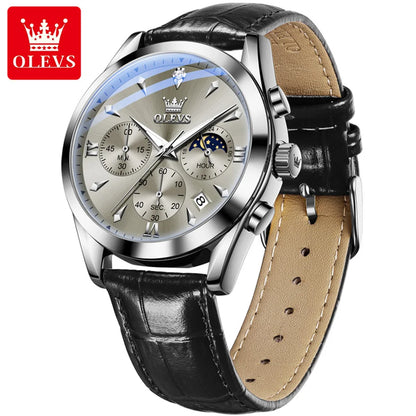 OLEVS 3609 Original Moon Phase Chronograph Man Watch Leather Strap Waterproof Luminous Luxury Brand Quartz Wrist Watches for Men