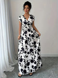 Ladies' elegant black and white floral print V-neck elastic drawstring waist cinching A-line vacation dress