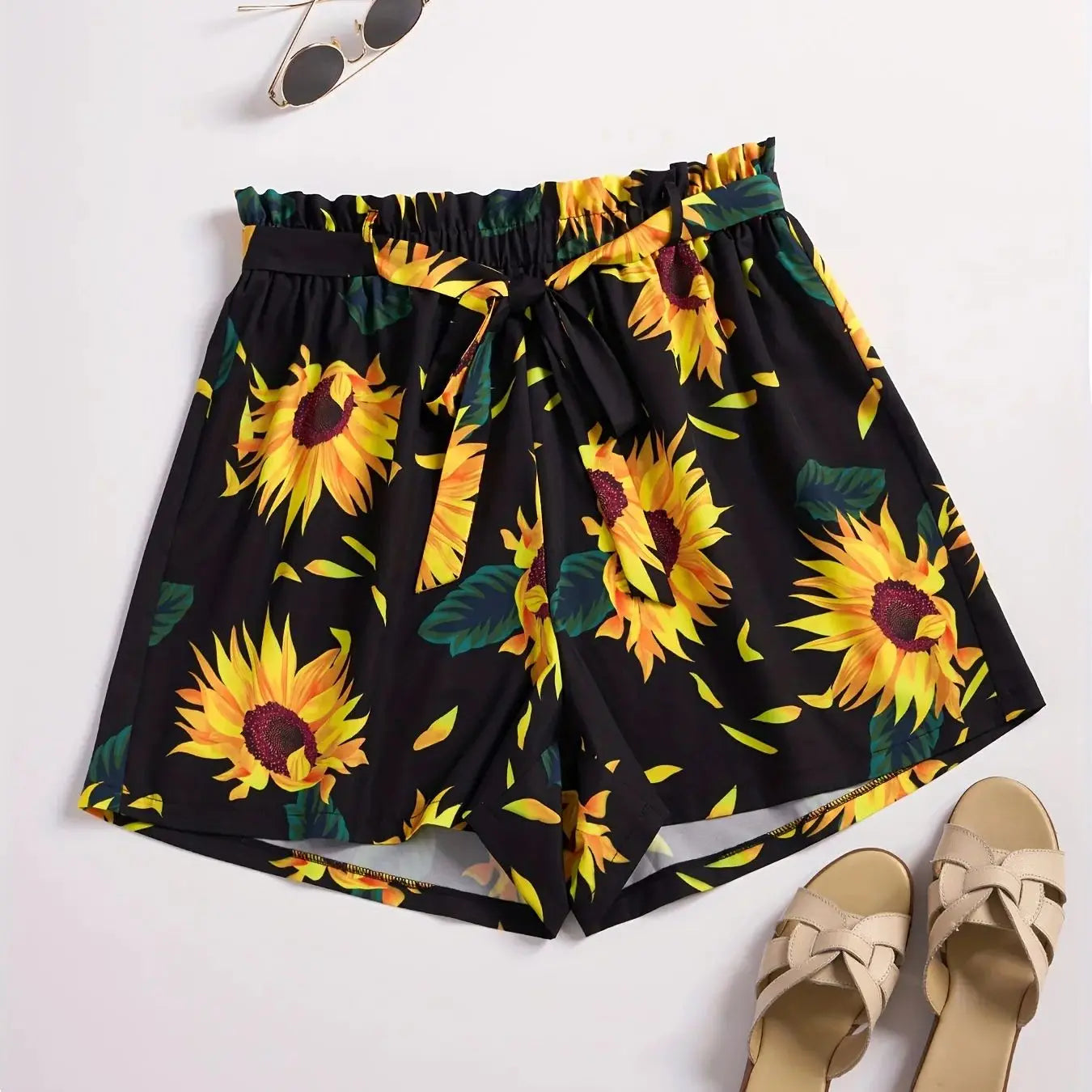Pantalones cortos anchos con estampado de girasoles de talla grande, pantalones cortos casuales con cintura elástica para primavera y verano, ropa de talla grande para mujer.
