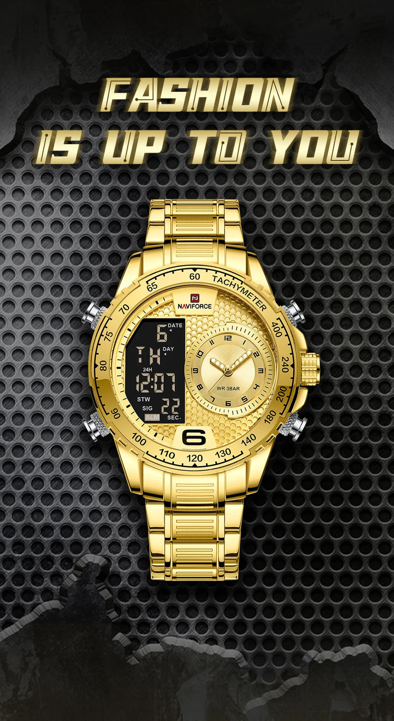 NAVIFORCE Luxury Quartz Watch for Men Honeycomb Dial Design Stainless Steel Wristwatch Dual Display Digital Watches Male Clock
