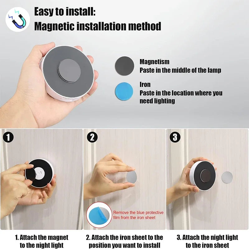 Kit com 2 a 6 unidades de Luz Noturna LED com Sensor de Movimento, Recarregável via USB, 3 Cores de Luz – Ideal para Armários, Guarda-roupas, Escadas e Closets (Sem Fio)