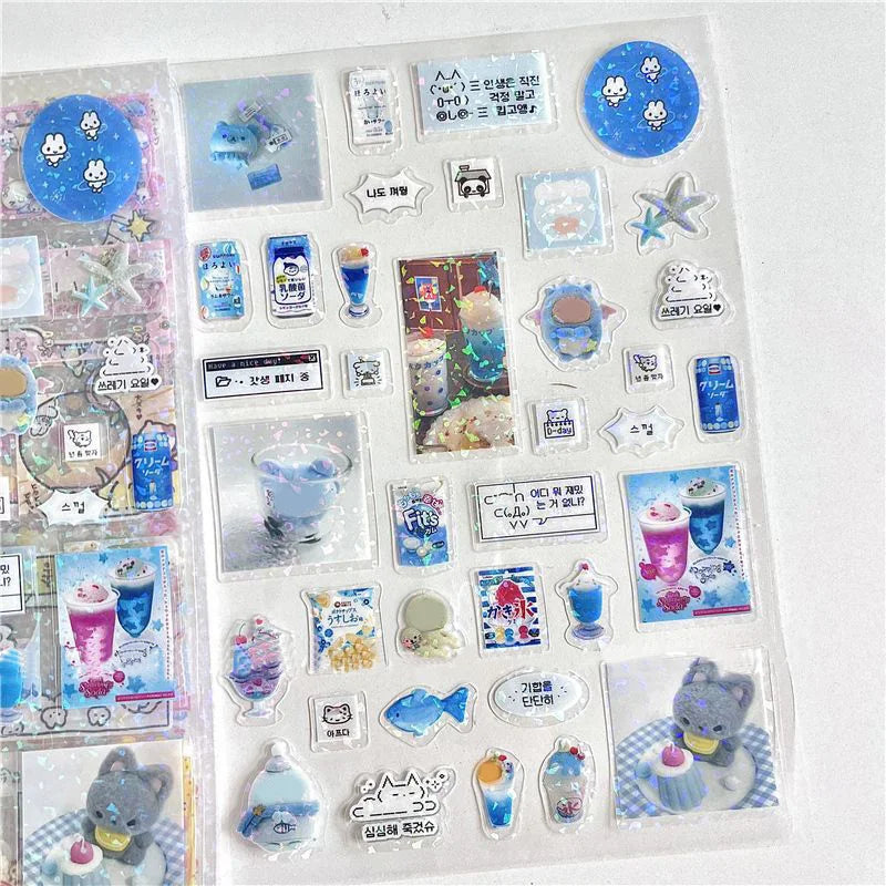 6pcs Glitter Stickers Y2K DIY Toploader Scrapbooking Journal Decor Stickers for Phone Kawaii Transparent PET Stickers Gift