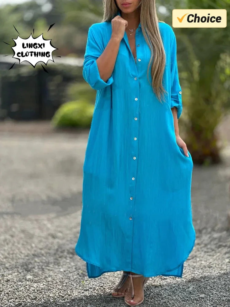 Vestido longo de algodão e cânhamo feminino, camisa elegante, manga longa casual, estilo praia, plus size, verão, novo