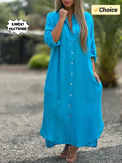 Vestido longo de algodão e cânhamo feminino, camisa elegante, manga longa casual, estilo praia, plus size, verão, novo