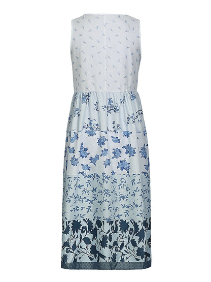 Plus size casual feminino midi vestido 2025 verão novo floral impresso sem mangas pescoço plano a linha boêmio vestidos de praia