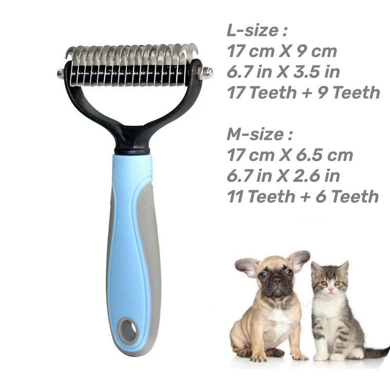 Cepillo de aseo de acero inoxidable para mascotas, de dos caras, para quitar el pelo suelto y desenredar la capa interna, peine rastrillo para perros y gatos, elimina nudos y enredos fácilmente.